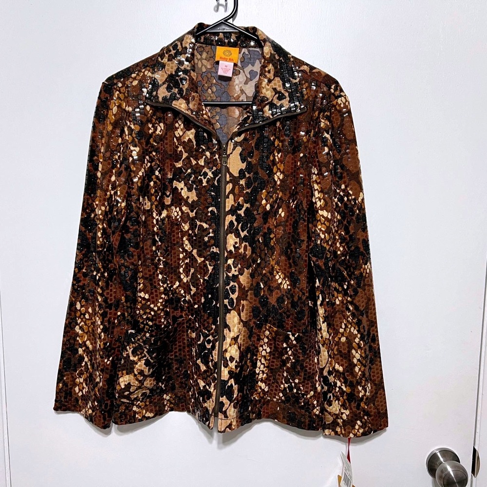 Ruby Rd Womens Snake Print Sequins Zip Up Jacket Size 12 Glitterati Gold‎ Glam